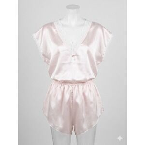 Vintage Nan Flower Pink Satin Pajama Set Lace Trim Top & Shorts Large USA